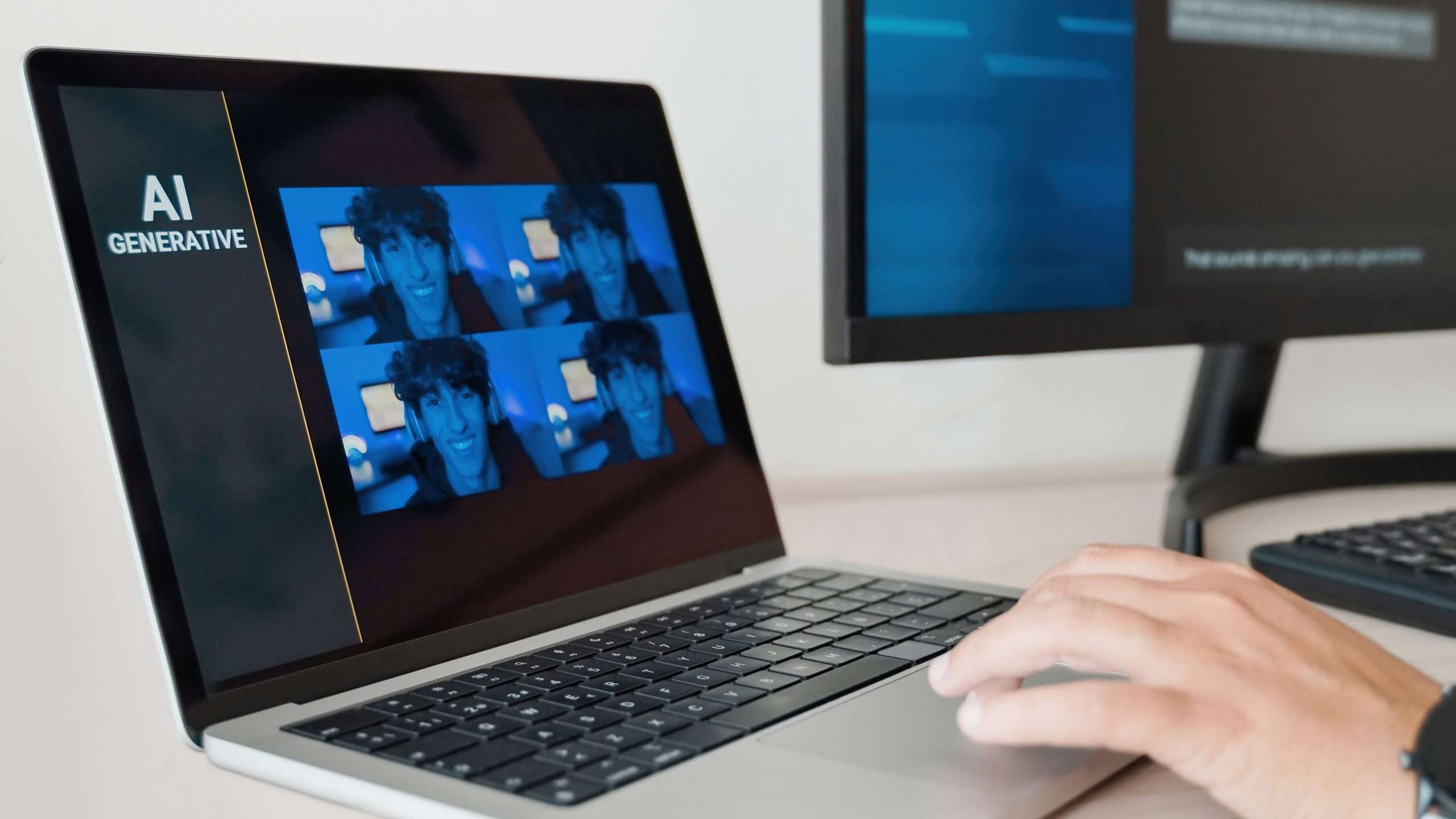 AI image generator app. Person creating photo art with Artificial Intelligence software in computer laptop